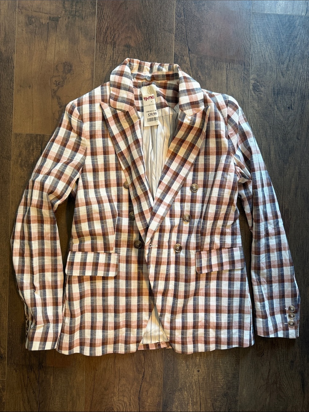 Joie Brown, White & Rust Plaid Double-Breasted Blazer